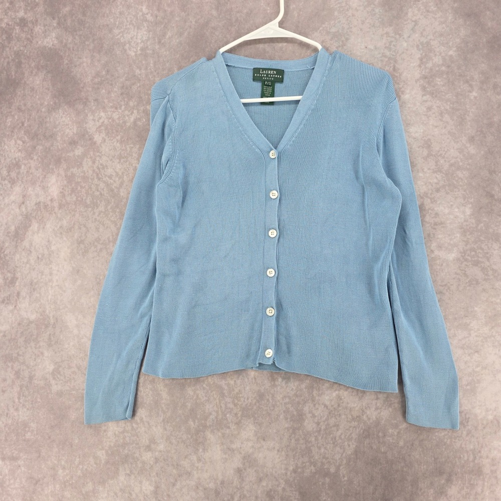 Lauren Ralph Lauren Light Blue 100% Silk V-Neck Ribbed Cardigan Sweater Petite S